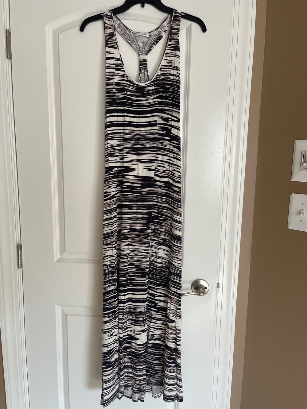 Calvin Klein Black and White Striped Racerback Maxi Dress